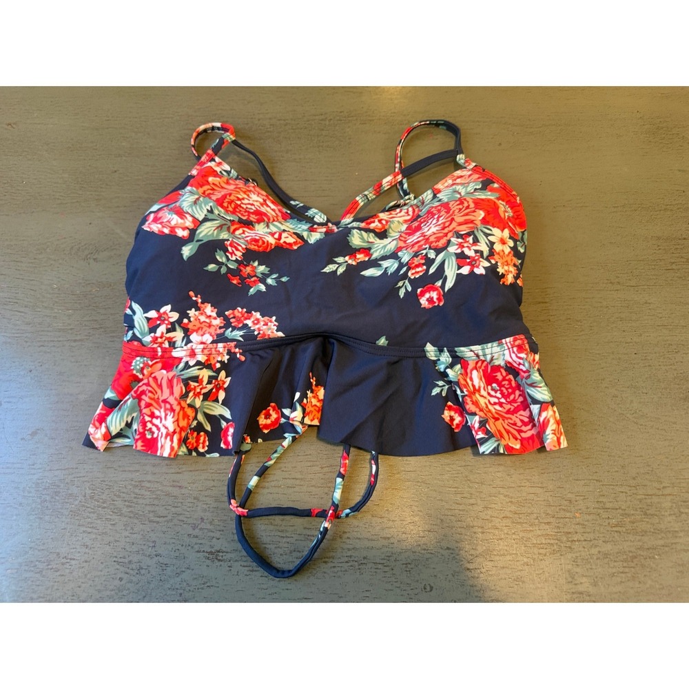 Cocoship Navy Blue Floral Ruffle Bikini Top 2XL Plus Size V-Neck Tankini Swim
